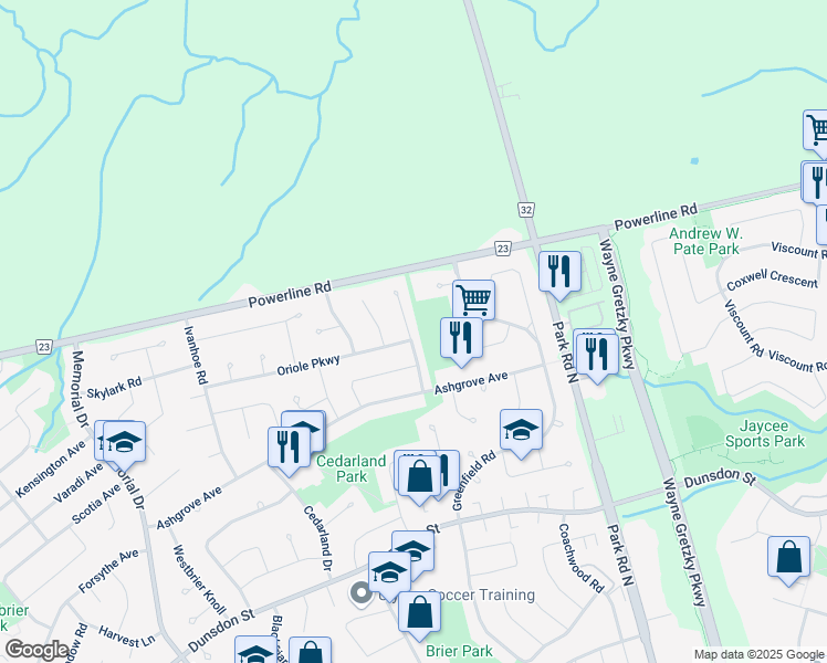 map of restaurants, bars, coffee shops, grocery stores, and more near 28 Beechwood Avenue in Brantford