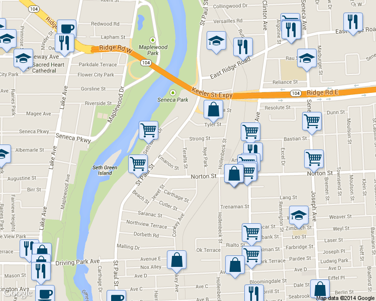 map of restaurants, bars, coffee shops, grocery stores, and more near 38 Teralta St in Rochester