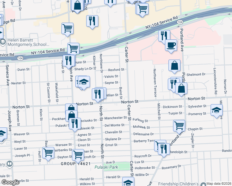 map of restaurants, bars, coffee shops, grocery stores, and more near 64 Milan Street in Rochester