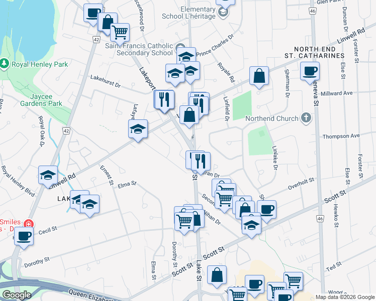 map of restaurants, bars, coffee shops, grocery stores, and more near 411 Lake Street in St. Catharines