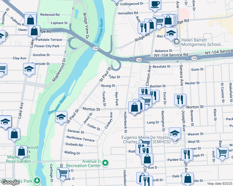 map of restaurants, bars, coffee shops, grocery stores, and more near 72 Nye Park in Rochester