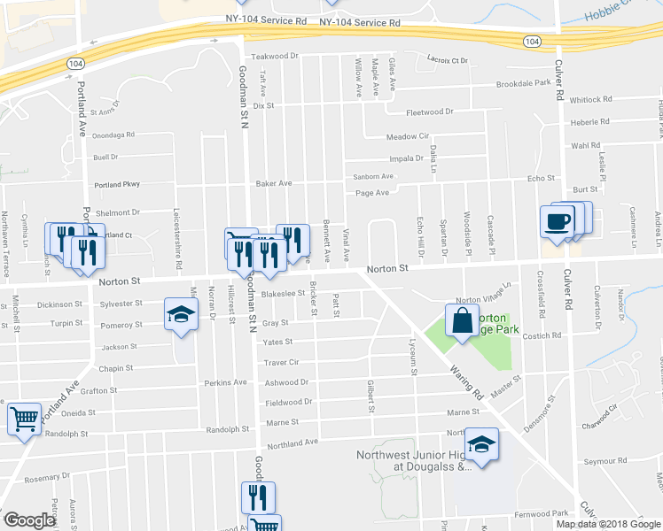 map of restaurants, bars, coffee shops, grocery stores, and more near 4 Bennett Avenue in Rochester