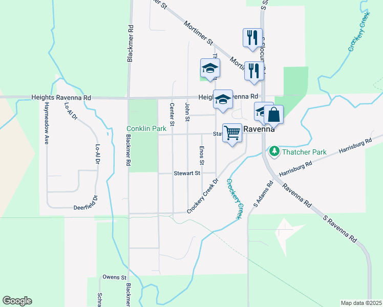 map of restaurants, bars, coffee shops, grocery stores, and more near 3590 John Street in Ravenna