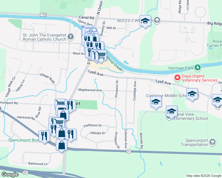 map of restaurants, bars, coffee shops, grocery stores, and more near 84 Maplewood Avenue in Spencerport