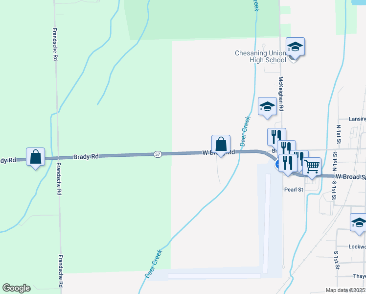 map of restaurants, bars, coffee shops, grocery stores, and more near 1726 Brady Street in Chesaning