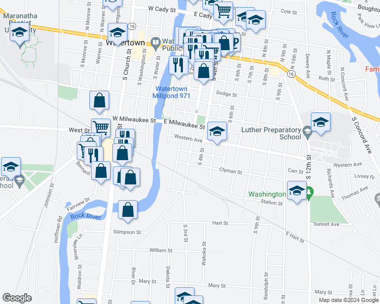 map of restaurants, bars, coffee shops, grocery stores, and more near 301 Bailey Street in Watertown