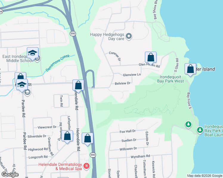 map of restaurants, bars, coffee shops, grocery stores, and more near 150 Bay View Road in Irondequoit