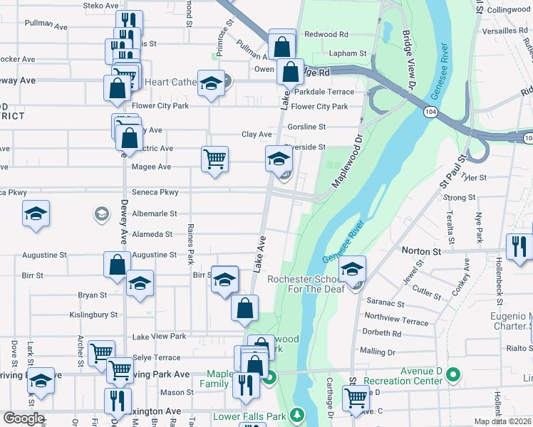 map of restaurants, bars, coffee shops, grocery stores, and more near 1206 Lake Avenue in Rochester