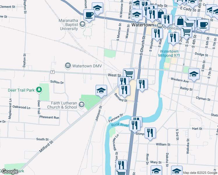 map of restaurants, bars, coffee shops, grocery stores, and more near 542 Milford Street in Watertown