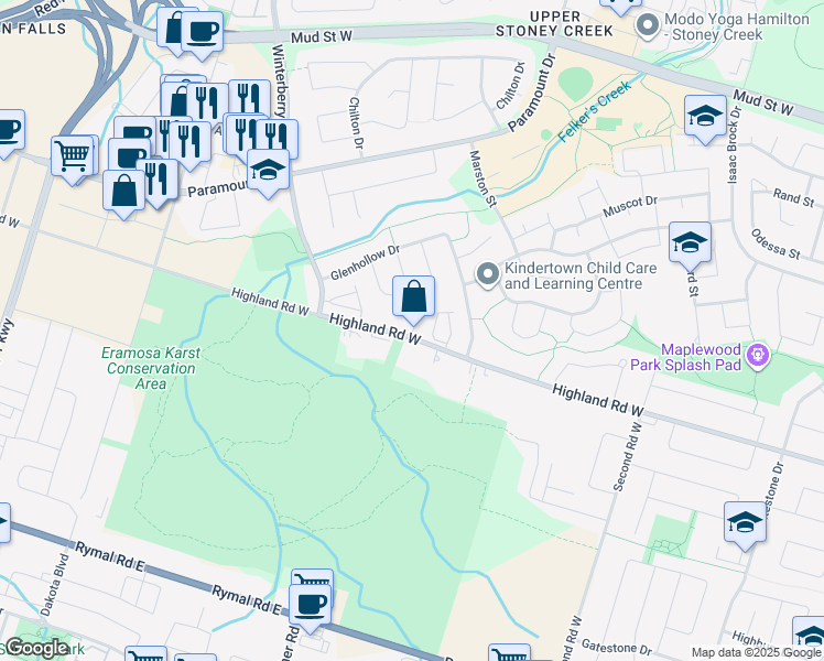 map of restaurants, bars, coffee shops, grocery stores, and more near 350 Highland Road West in Hamilton