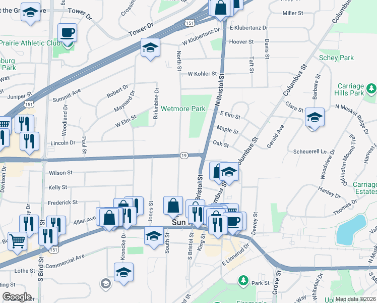 map of restaurants, bars, coffee shops, grocery stores, and more near 134 Windsor Street in Sun Prairie