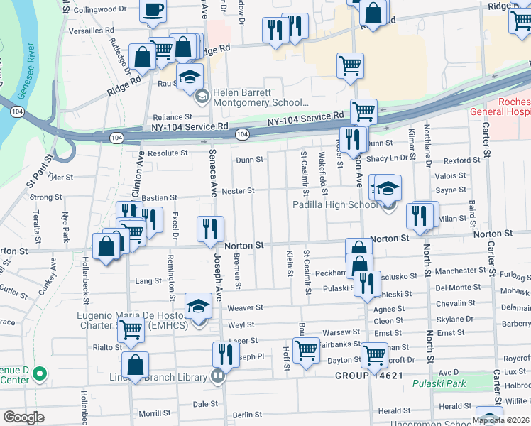 map of restaurants, bars, coffee shops, grocery stores, and more near 163 Moulson Street in Rochester