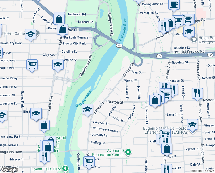 map of restaurants, bars, coffee shops, grocery stores, and more near 200 Seth Green Drive in Rochester