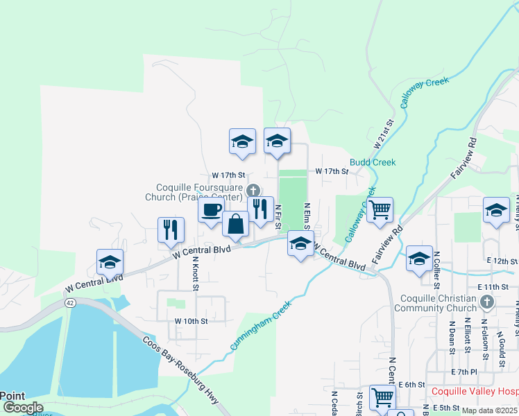 map of restaurants, bars, coffee shops, grocery stores, and more near 692 West 15th Street in Coquille