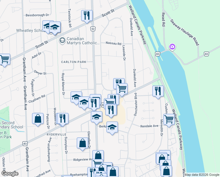 map of restaurants, bars, coffee shops, grocery stores, and more near 56 Windward Street in St. Catharines