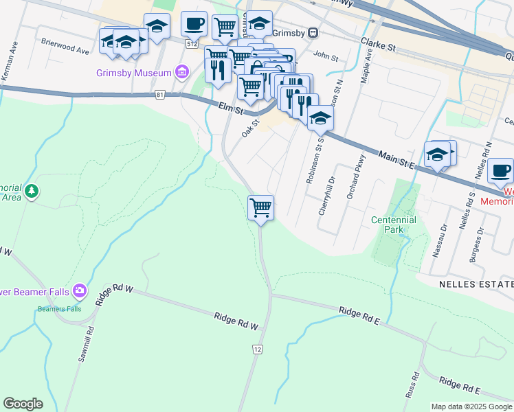 map of restaurants, bars, coffee shops, grocery stores, and more near Mountain Street in Grimsby