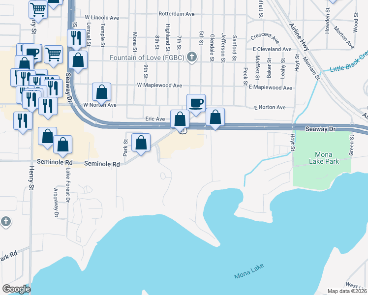 map of restaurants, bars, coffee shops, grocery stores, and more near 213 North Eastowne Drive in Muskegon