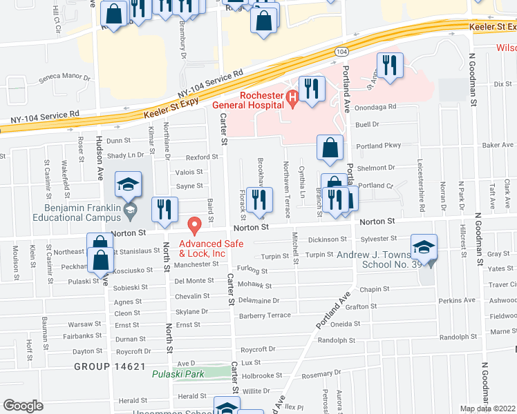 map of restaurants, bars, coffee shops, grocery stores, and more near 39 Brookhaven Terrace in Rochester