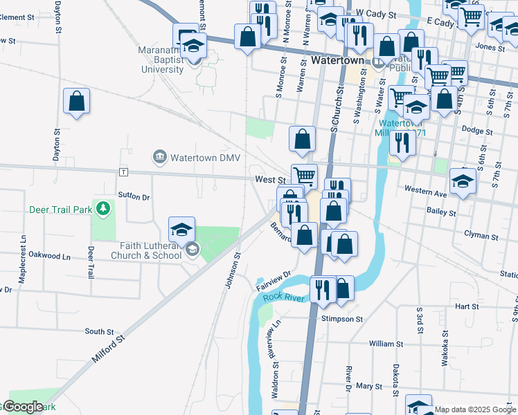 map of restaurants, bars, coffee shops, grocery stores, and more near 542 Milford Street in Watertown