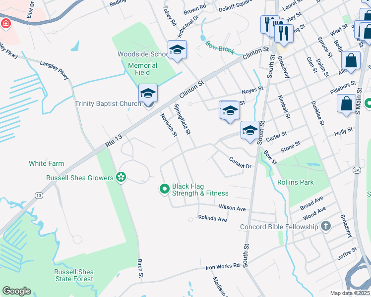 map of restaurants, bars, coffee shops, grocery stores, and more near 23 Norwich Street in Concord