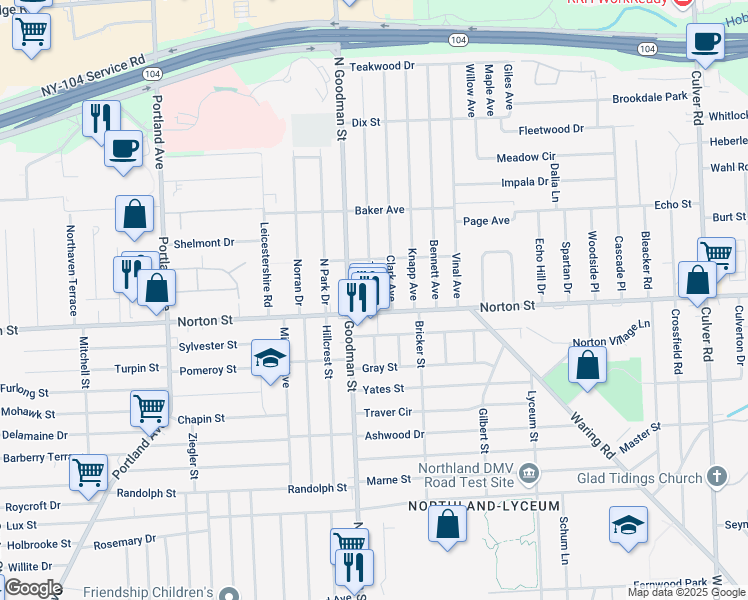 map of restaurants, bars, coffee shops, grocery stores, and more near 16 Taft Avenue in Rochester