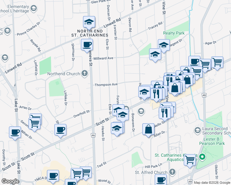 map of restaurants, bars, coffee shops, grocery stores, and more near in St. Catharines