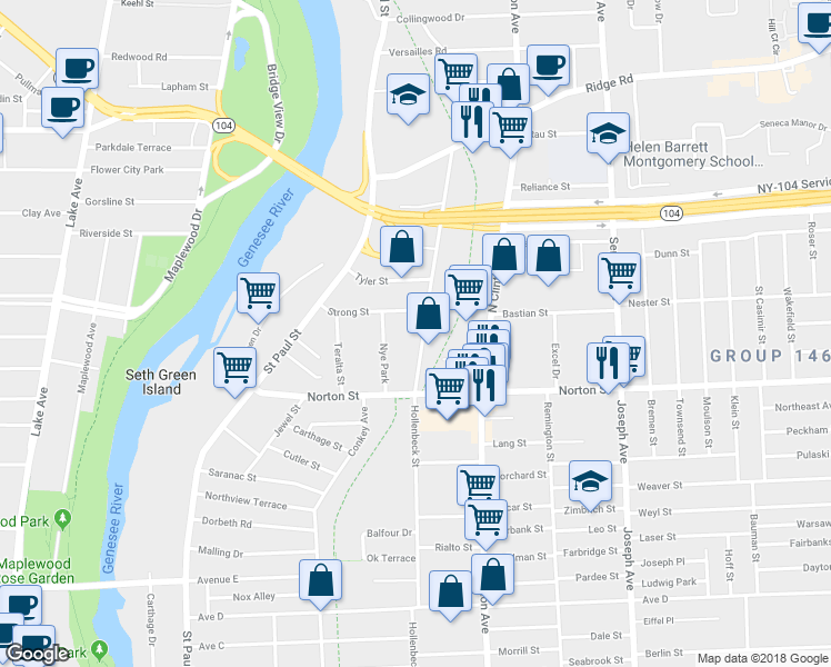 map of restaurants, bars, coffee shops, grocery stores, and more near 497 Hollenbeck Street in Rochester