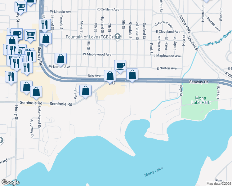 map of restaurants, bars, coffee shops, grocery stores, and more near 213 North Eastowne Drive in Muskegon