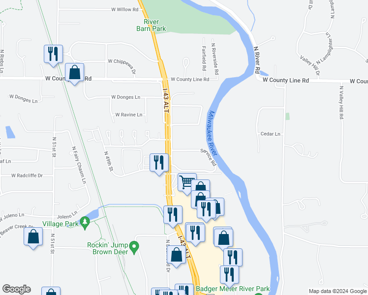 map of restaurants, bars, coffee shops, grocery stores, and more near 4229 West Rivers Edge Circle in Brown Deer