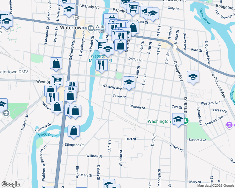 map of restaurants, bars, coffee shops, grocery stores, and more near 901 South 3rd Street in Watertown