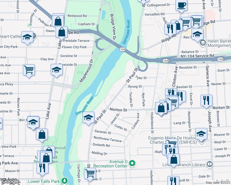 map of restaurants, bars, coffee shops, grocery stores, and more near 58 Seth Green Drive in Rochester
