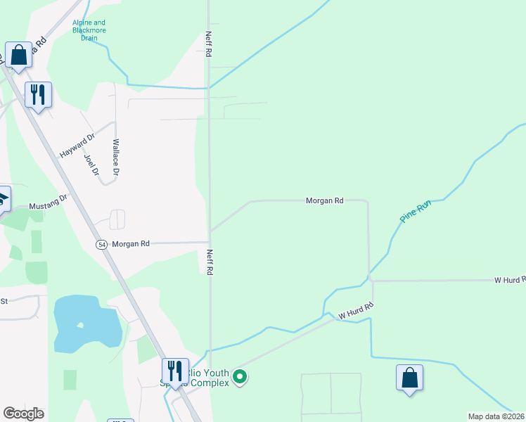 map of restaurants, bars, coffee shops, grocery stores, and more near 1575 Morgan Road in Clio