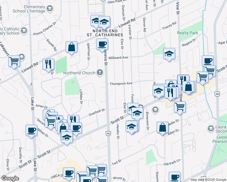 map of restaurants, bars, coffee shops, grocery stores, and more near 27 Ghent Street in Saint Catharines