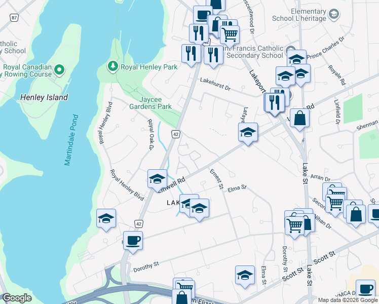 map of restaurants, bars, coffee shops, grocery stores, and more near 77 Linwell Road in Saint Catharines