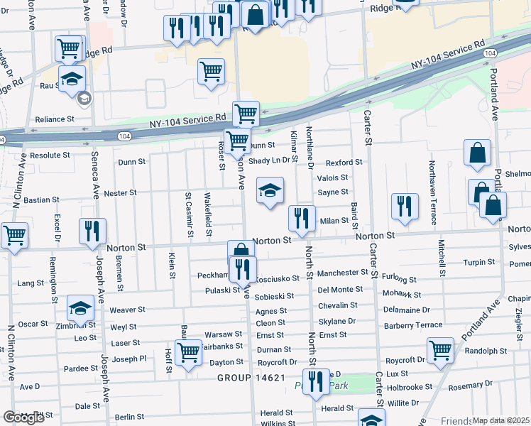 map of restaurants, bars, coffee shops, grocery stores, and more near 950 Norton Street in Rochester