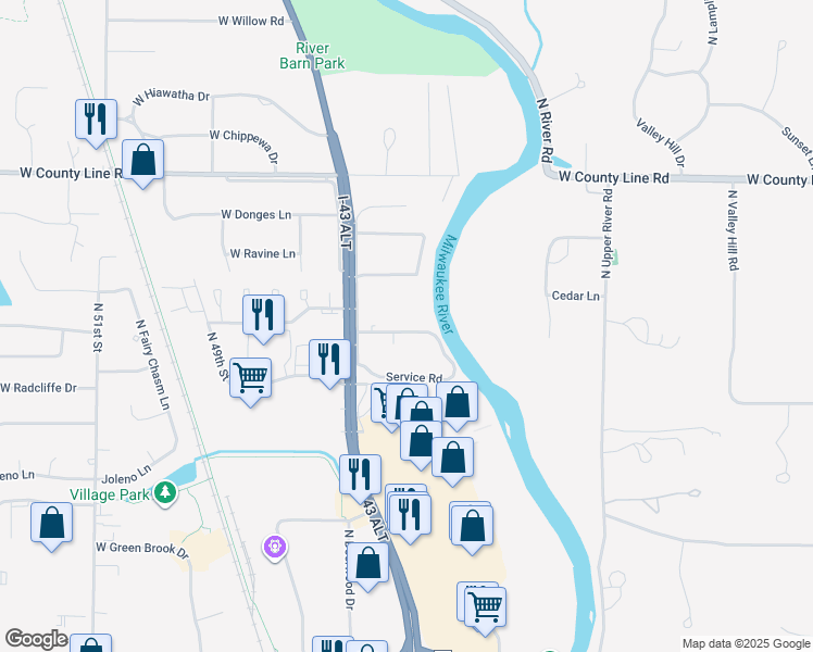 map of restaurants, bars, coffee shops, grocery stores, and more near 4121 West Rivers Edge Circle in Brown Deer