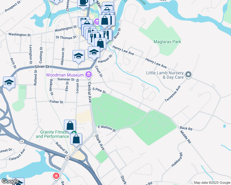 map of restaurants, bars, coffee shops, grocery stores, and more near 67 Court Street in Dover