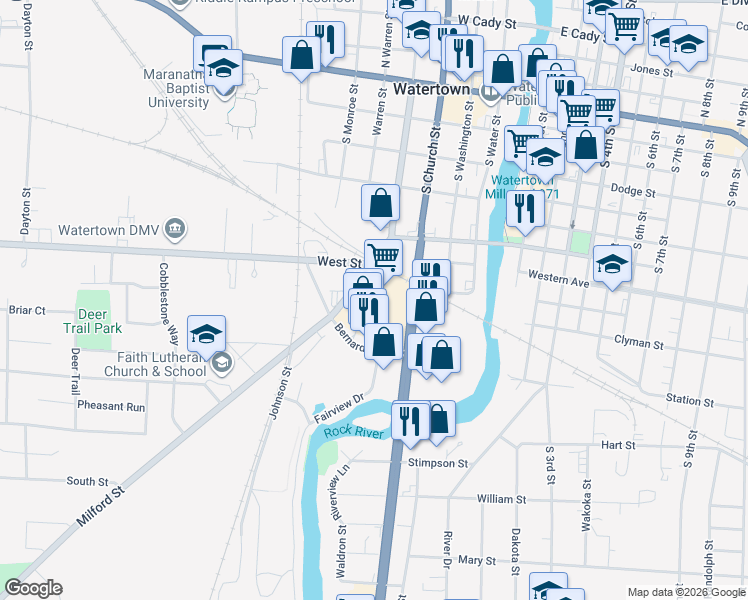 map of restaurants, bars, coffee shops, grocery stores, and more near 600 S Church St in Watertown
