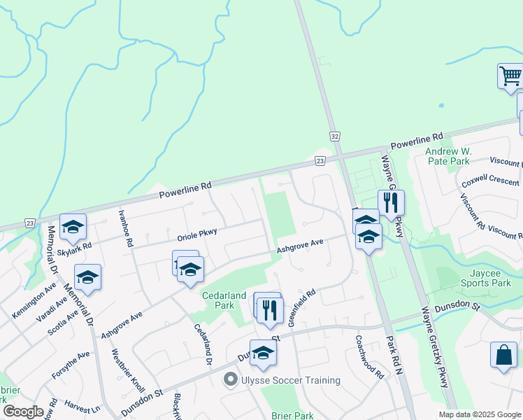 map of restaurants, bars, coffee shops, grocery stores, and more near 28 Beechwood Avenue in Brantford