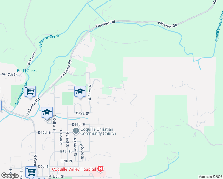 map of restaurants, bars, coffee shops, grocery stores, and more near 1101 East 15th Street in Coquille