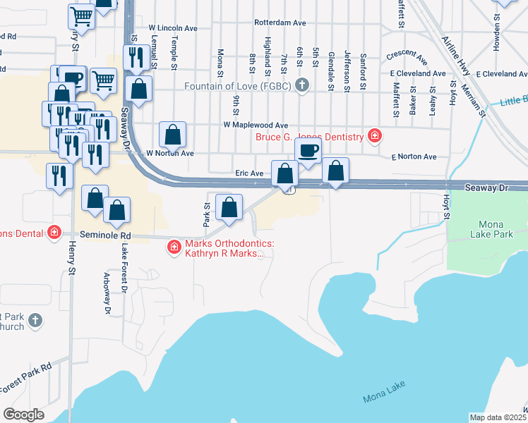 map of restaurants, bars, coffee shops, grocery stores, and more near 281 Seminole Road in Norton Shores