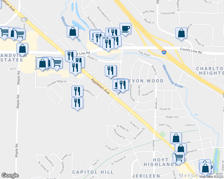map of restaurants, bars, coffee shops, grocery stores, and more near N93 W17700 Appleton Avenue in Menomonee Falls