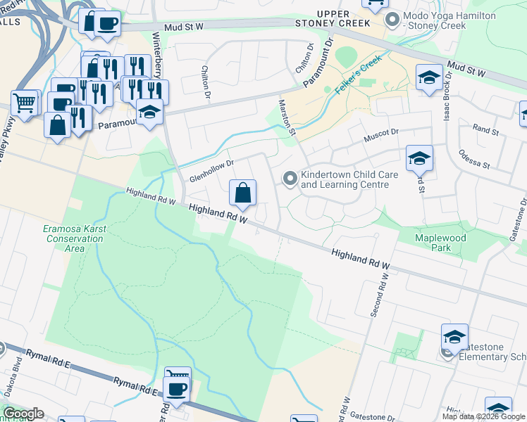 map of restaurants, bars, coffee shops, grocery stores, and more near 346 Highland Road West in Hamilton