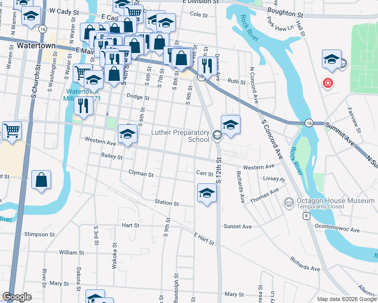 map of restaurants, bars, coffee shops, grocery stores, and more near 906 Western Ave in Watertown