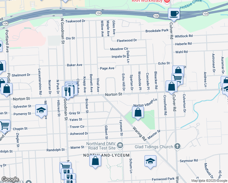 map of restaurants, bars, coffee shops, grocery stores, and more near 1950 Norton Street in Rochester