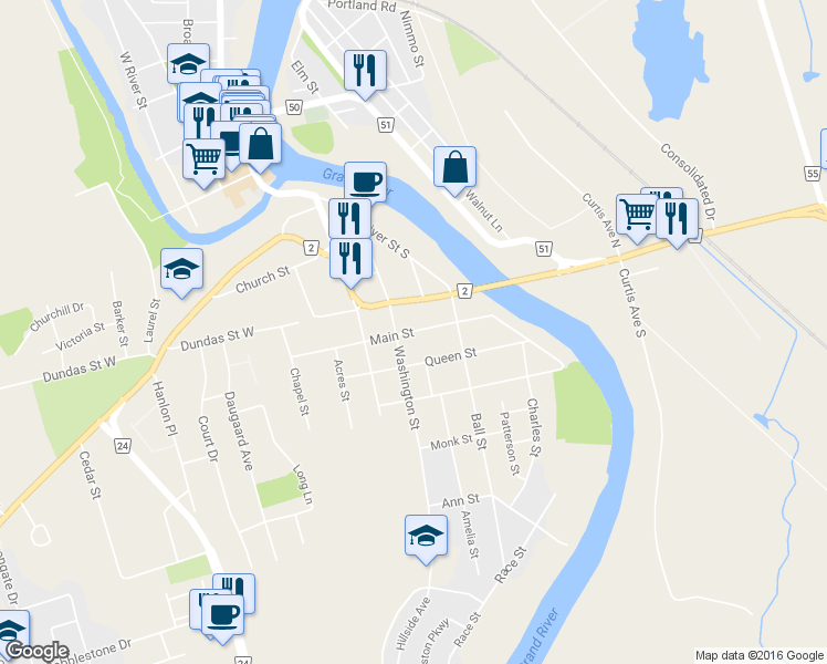 map of restaurants, bars, coffee shops, grocery stores, and more near 29 Main Street in Brant