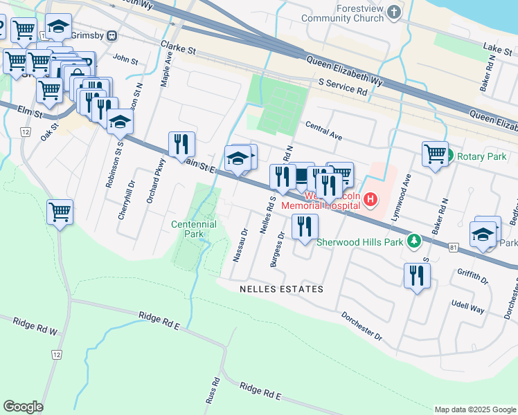 map of restaurants, bars, coffee shops, grocery stores, and more near 2 Kennedy Road in Grimsby