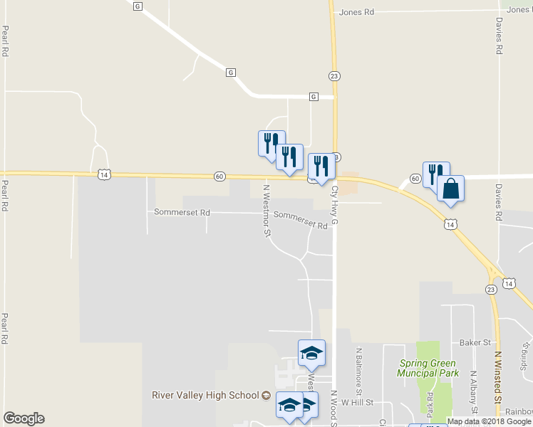 map of restaurants, bars, coffee shops, grocery stores, and more near Sommerset Road in Spring Green