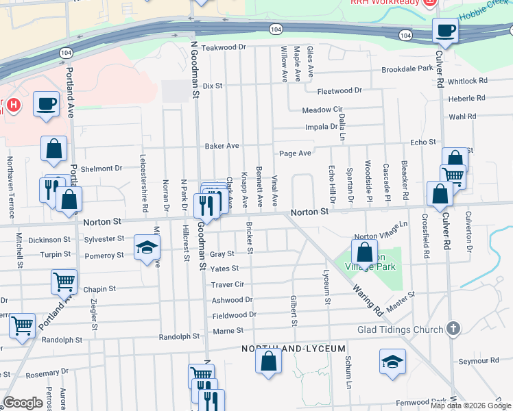 map of restaurants, bars, coffee shops, grocery stores, and more near 15 Bennett Avenue in Rochester