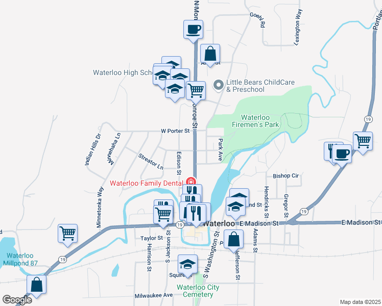 map of restaurants, bars, coffee shops, grocery stores, and more near 245 Wisconsin 89 in Waterloo